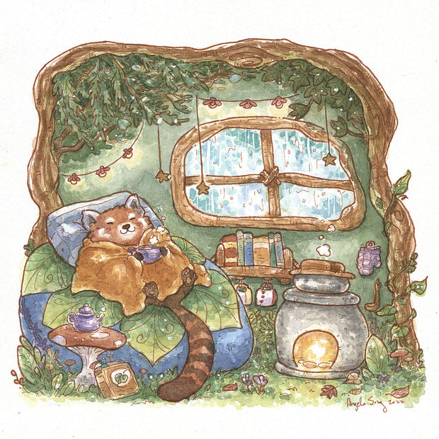 Watercolor painting of a illustrated red panda, wrapped in a blanket and holding a steamy mug, reclining on a large bean bag shaped berry. It is inside of a small woodland themed interior, with a stone fireplace, a bookshelf, a mushroom side table and a window showing rain outside.