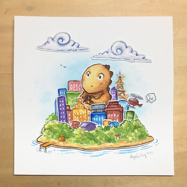 Watercolor painting of a cartoon Godzilla with big eyes and an innocent facial expression, touching its index fingers together while sitting in the middle of a colorful city on an island. A helicopter flies closely by, with a surprised emoticon coming out of it.