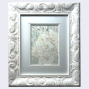 Pen and watercolor drawing of a cute and nervous looking woman with bunny ears in a decorative collared dress, looking to the side. Around her head is a fluffy halo of clouds, she holds small colorful stars in the palm of her hand. Piece is in a very ornate white wooden frame.