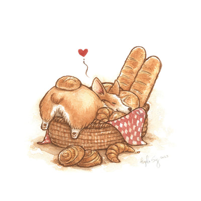 Warm brown toned watercolor painting on white paper of a basket filled with bread, a red and white checkered cloth coming out of it. A corgi sleeps in the basket, with its butt facing the viewer.