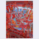 Painting of a very busy garage workshop bench, in stark red lighting with a soft blue light illuminating a small part of the piece. Surroundings include a table saw, old license plates, many tools, bottle and tubes of various home improvement products. A striped cat stands in the middle of the deck and raises one paw slightly.