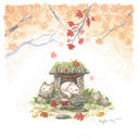 Watercolor painting of an autumn scene with orange and red leafed trees at the top of the piece, over a small stone shrine that has been overgrown with moss and greenery. Stone cat heads are around it and a white cat sleeps happily in the center, in front of a plate of fish and rice offering.