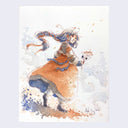 Watercolor illustration of a girl in a puffy red dress, with long braided hair and a white cat sitting atop her head. She holds a small bouquet of flowers.