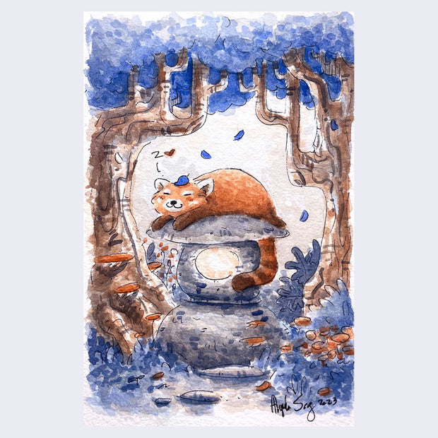 Watercolor illustration of a red panda laying atop of a stone light, in the middle of a forest.