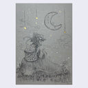 Ink drawing on gray paper of a girl sitting on the ground with a basket on her back, holding many small bunnies. They sit under a crescent moon.