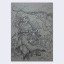 Ink drawing of a girl walking through the forest with a basket containing herbs. Small cats rest in the basket and one is wrapped around her neck.