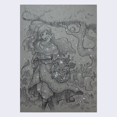 Ink drawing of a girl walking through the forest with a basket containing herbs. Small cats rest in the basket and one is wrapped around her neck.