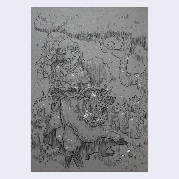 Ink drawing of a girl walking through the forest with a basket containing herbs. Small cats rest in the basket and one is wrapped around her neck.