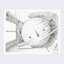 Graphite drawing on white paper of a large ringed planted with a cartoon face, in a very small room with a window. A flower leans up against the wall.