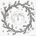 Graphite drawing on white paper of a moon with a solemn closed eye expression, positioned in the center of a wreath made of blooming cacti. 