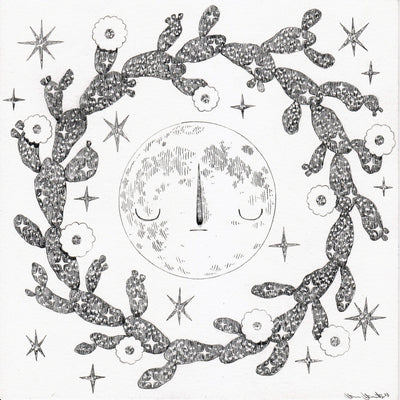 Graphite drawing on white paper of a moon with a solemn closed eye expression, positioned in the center of a wreath made of blooming cacti. 