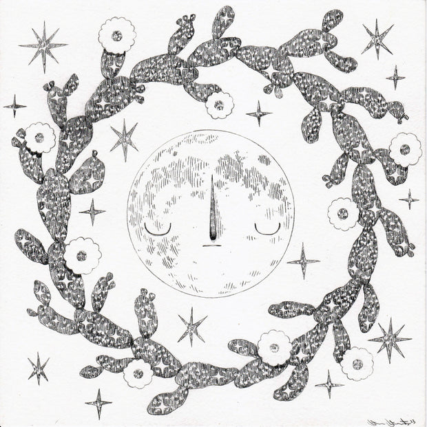 Graphite drawing on white paper of a moon with a solemn closed eye expression, positioned in the center of a wreath made of blooming cacti. 