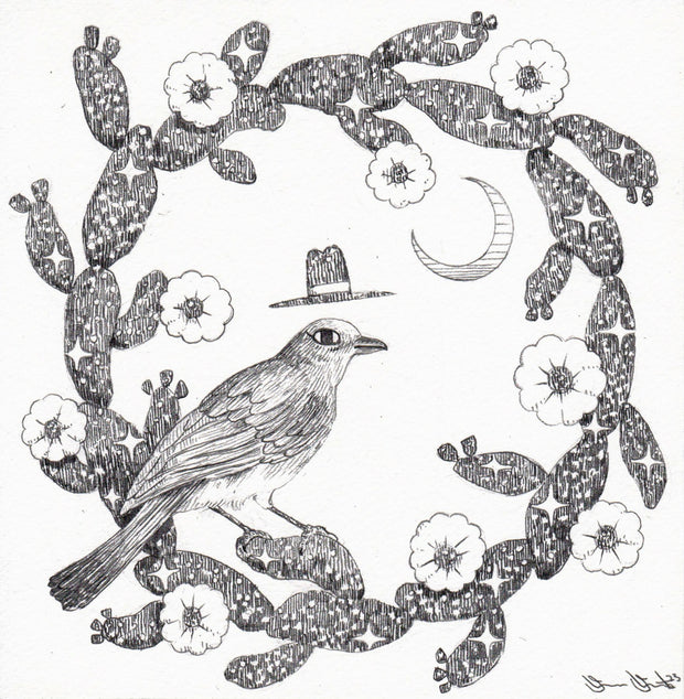 Graphite drawing on white paper of a bird with a floating top hat, sitting on a wreath made out of blooming cacti. A small crescent moon hands in the upper right of the wreath.