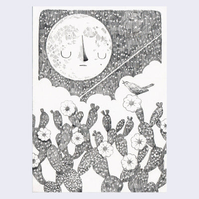 Graphite drawing on white paper of a large moon in a starry sky, looming above a field of blooming cacti. A singing bird sits on one of the cacti.