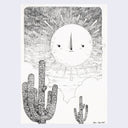 Graphite drawing on white paper of a large beaming sun with a neutral cartoon expression hanging above 2 large Saguaro cacti.