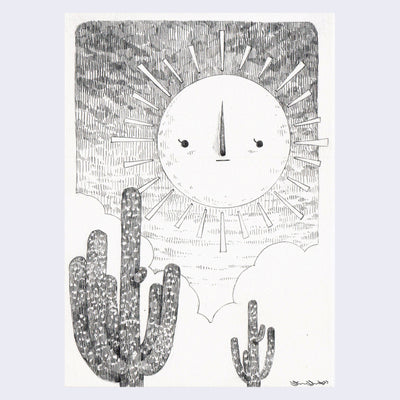 Graphite drawing on white paper of a large beaming sun with a neutral cartoon expression hanging above 2 large Saguaro cacti.