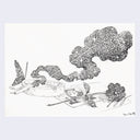 Graphite drawing on white paper of a cigarette in an ash tray with large smoke cloud that is filled with stars. On the table is a polaroid of a girl and a rose over a sheet of paper.