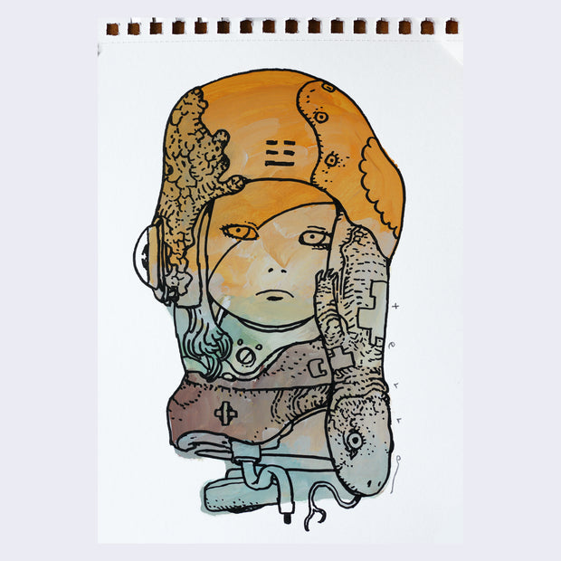  Black line art illustration of a girl visible from only the neck up.  She looks slightly to the side with a small frown, with a komodo dragon slithering out from under her helmet, with its tongue stuck out. Drawing is colored in with orange, blue and brown paint with visible brush strokes.