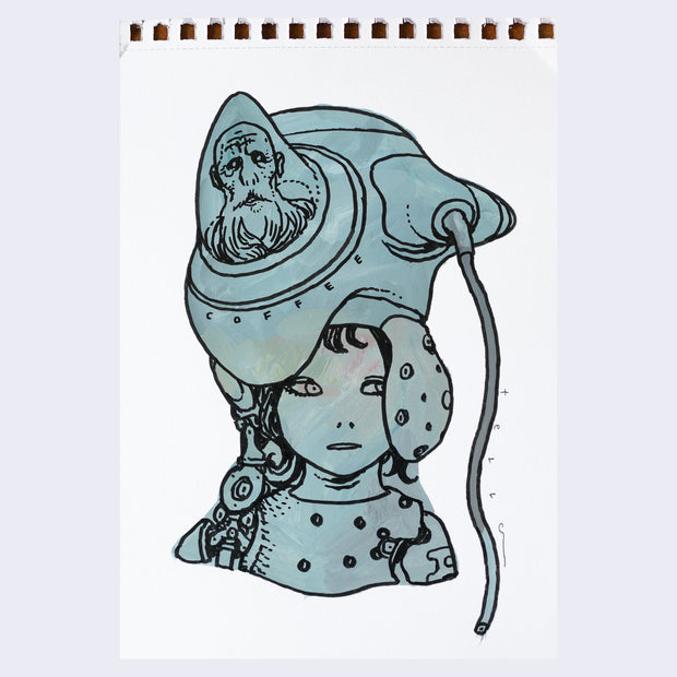  Black line art illustration of a girl visible from only the neck up.  She looks off to the side and wears a large metal helmet with a cord hanging out the side and an encased dome with an old bearded man within it. "Coffee" is written across her helmet. Drawing is colored in with blue paint with visible brush strokes.