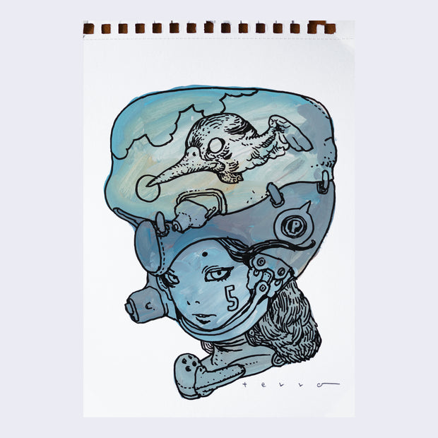  Black line art illustration of a girl visible from only the neck up. She looks off the the side with a 5 on the side of her face. She wears a chunky helmet with a bird painted on it, her helm is strapped on around her chin. Drawing is colored in with blue paint with visible brush strokes. 