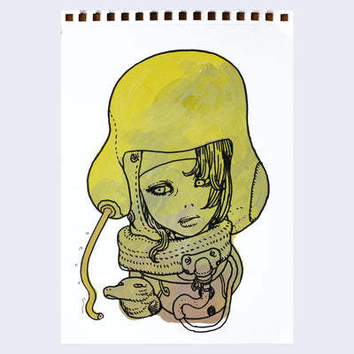  Black line art illustration of a girl visible from only the neck up. She wears a rounded helmet that bulges out around her ears with a cord coming out of the side. She wears a knit scarf around her neck with mechanical elements and a small bird next to her shoulder. Drawing is colored in with chartreuse and brown paint.