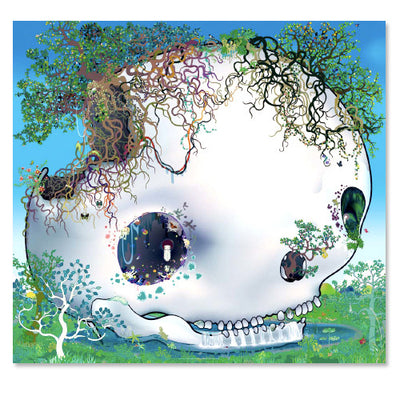 Chiho Aoshima - The Fountain of the Skull Print. A large white skull with tree roots growing out of its eyes and head.