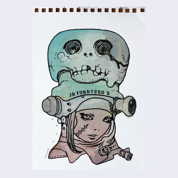 Black line art illustration of a girl visible from only the neck up.  She has a scar on her face and wears a metal helmet with a melted skull atop it. A small scope juts out from the side of her helmet. Drawing is colored in with teal, gray and brown paint with visible brush strokes.