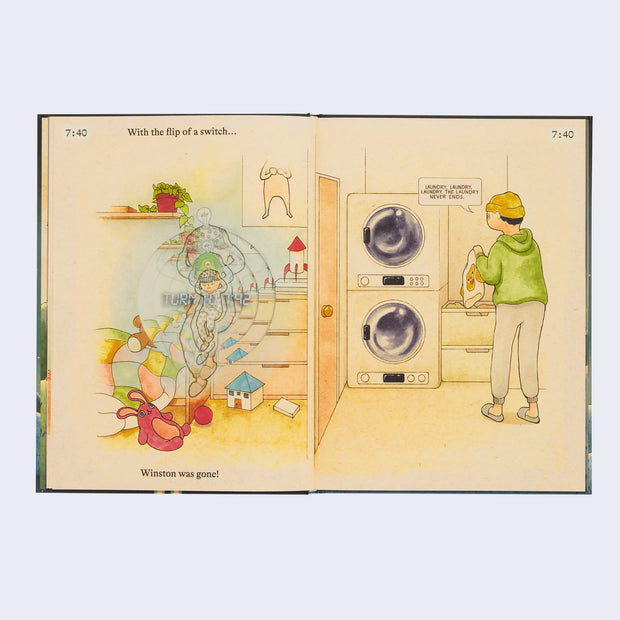Open 2 page book spread of a child, transporting into another dimension, made clear by many warped circles of the same image. On the next page, is his dad doing laundry.