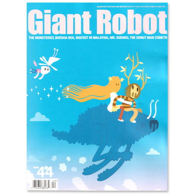 Giant Robot Issue #44 magazine cover featuring illustration of simplified abstract figures, one with long blonde hair and the other with branches growing from its head, riding a flying, fuzzy blue monster. "Giant Robot" is written in bold white font along the top, above topics that can be read in the product description.