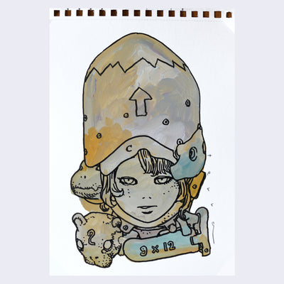  Black line art illustration of a girl visible from only the neck up.  She wears a tall helmet with an upward arrow and a jagged line around the top like a snow capped mountain. Two small animals peep out from behind her. Drawing is colored in with grayish orange, brown and blue paint with visible brush strokes.