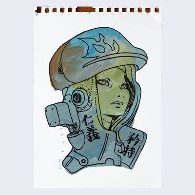 Black line art illustration of a girl visible from only the neck up. She looks upwards and wears a helmet and metal armor around the side of her face and neck, with Kanji text on it. Drawing is colored in with brown, green and teal paint with visible brush strokes.