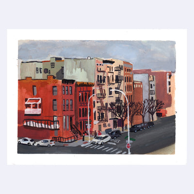 Plein air painting of a street corner, lined with large urban apartment buildings with fire escapes. Several cars parked on the street.