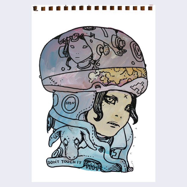 Black line art illustration of a girl visible from only the neck up.  She tilts her head slightly and grimaces slightly, wearing a thick helmet with an illustration of a cartoon girl with her own mechanical helmet. She is wears a leather jacket that reads "do not touch" under her neck with a small floppy eared dog over her shoulder. Drawing is colored in with blue, purple, orange and tan paint.