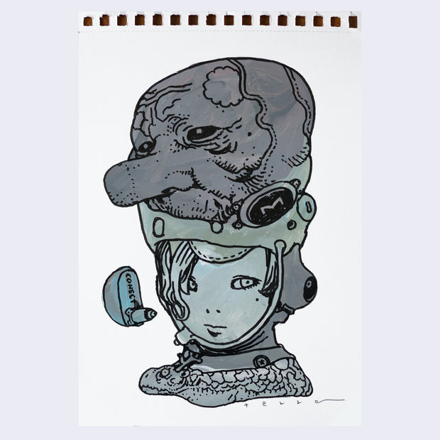  Black line art illustration of a girl visible from only the neck up.  She looks off to the side curiously and wears a helmet with a slightly distorted old man's face with a large nose atop the helmet. A snake with branched horns is wrapped around her shoulders. Drawing is colored in with greenish gray paint with visible brush strokes. 