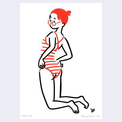 Bold simplistic line art painting of a woman with a short red ponytail, glasses and a red striped bathing suit propped up on her knees with both hands at her hips. She looks over her shoulder with a curious expression.