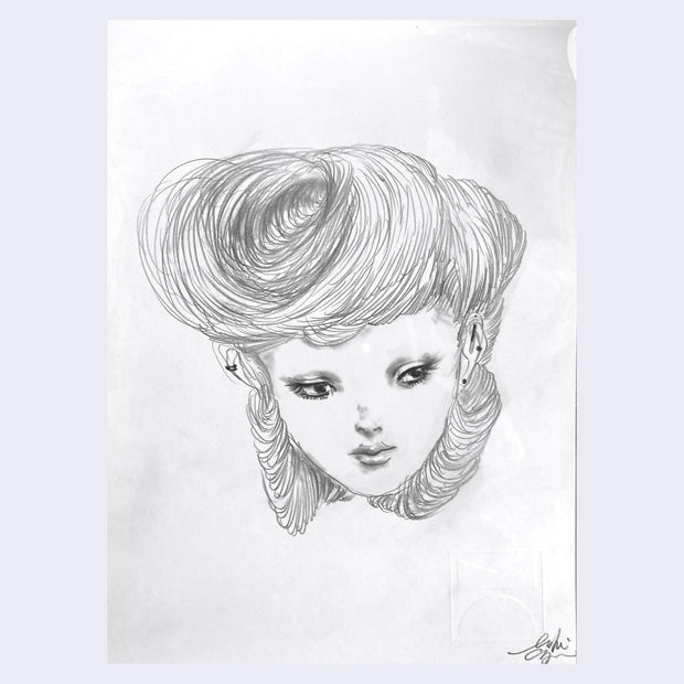 Pencil illustration of a stylized cartoon woman's face, looking off to the right. Her hair is large and swirled atop her head like a neat bird's nest.