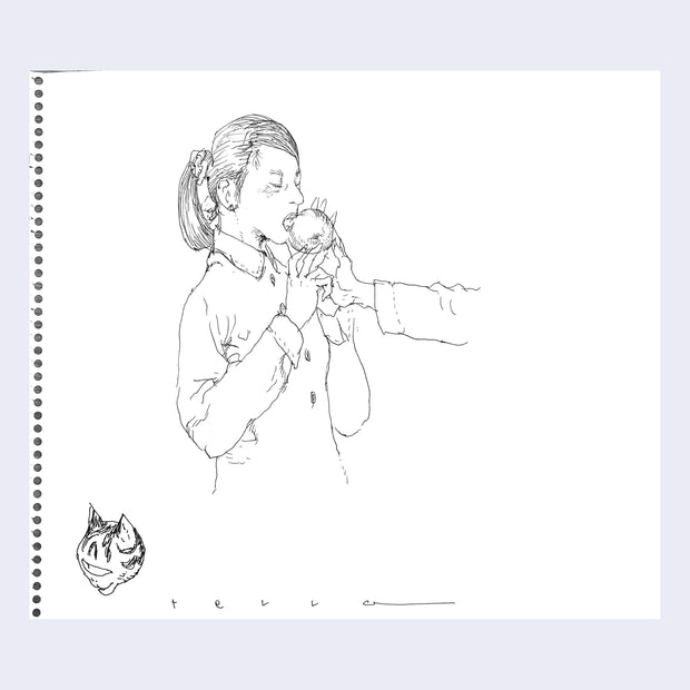 Drawing on a sheet of spiral bound sketchbook paper of a woman with a ponytail eating a large scoop of ice cream, which is handed to her by an arm without a body. In the bottom left corner is a head of a one eyed cat.