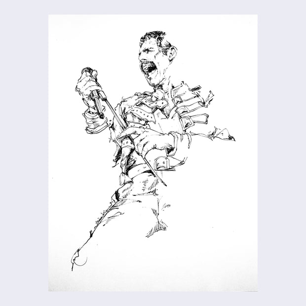 Ink sketch of Freddie Mercury, singing intensely and holding a microphone.