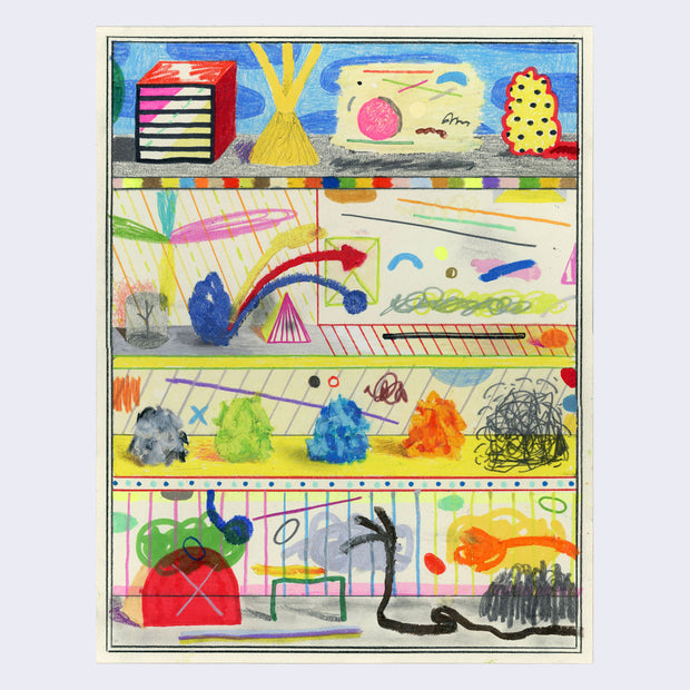 Colorful mixed media drawing divided into 4 horizontal quadrants, like floors in a house. Each floor has a variety of colorful abstract shapes and scribbles, pieced together like a collage.