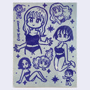 Blue marker drawing on grey paper of 7 sketches of differently posed anime women, all in the same style. Some are close up head portraits, others are full or half body renderings.