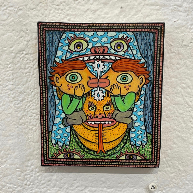 Illustration on wood of a long eared monster with blue and white cloud patterned skin, atop the head of an orange monster with two small goblins kissing as eyes. It wears a sweater with two eyes that look up on it.