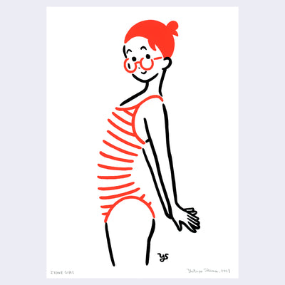 Bold simplistic line art painting of a woman with a short red ponytail, glasses and a red striped bathing suit smiling and stretching her arms behind her back.