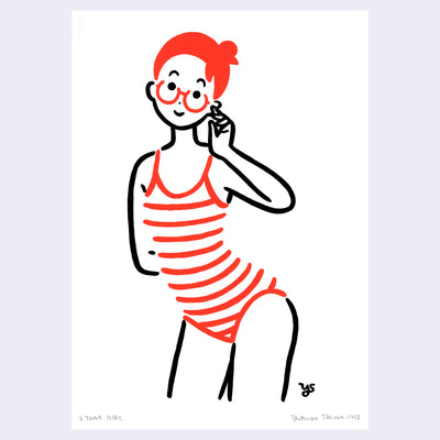 Bold simplistic line art painting of a woman with a short red ponytail, glasses and a red striped bathing suit posing with a smile and one hand up to her ear.