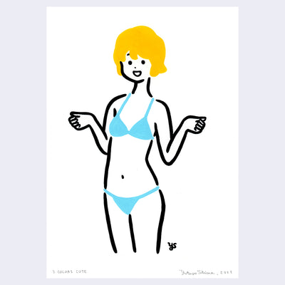 Bold, simplistic line art painting of a woman with short blonde hair in a blue bikini, with her hands brought up in a low shrug.