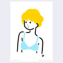 Bold, simplistic line art painting of a woman's bust. She wears a blue bra and has short blonde hair, she looks off to the side with a slight surprise look on her face.