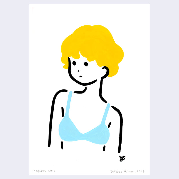 Bold, simplistic line art painting of a woman's bust. She wears a blue bra and has short blonde hair, she looks off to the side with a slight surprise look on her face.