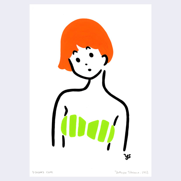 Bold, simplistic line art painting of a woman's bust. She has bright short orange hair and wears a strapless green and white striped bra. Her head is tilted slightly.