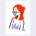 Bold, simplistic line art painting of a woman's bust. She has bright orange hair, glasses and wears a purple bra. She looks off to the side with a sweet smile.