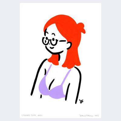 Bold, simplistic line art painting of a woman's bust. She has bright orange hair, glasses and wears a purple bra. She looks off to the side with a sweet smile.