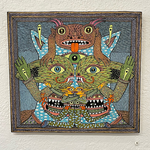 Illustration on wood of a cat-like monster with cloud patterned skin, with 3 sets of kissing goblins stacked on top of one another in front of its face. Small ghosts come out of its ears.